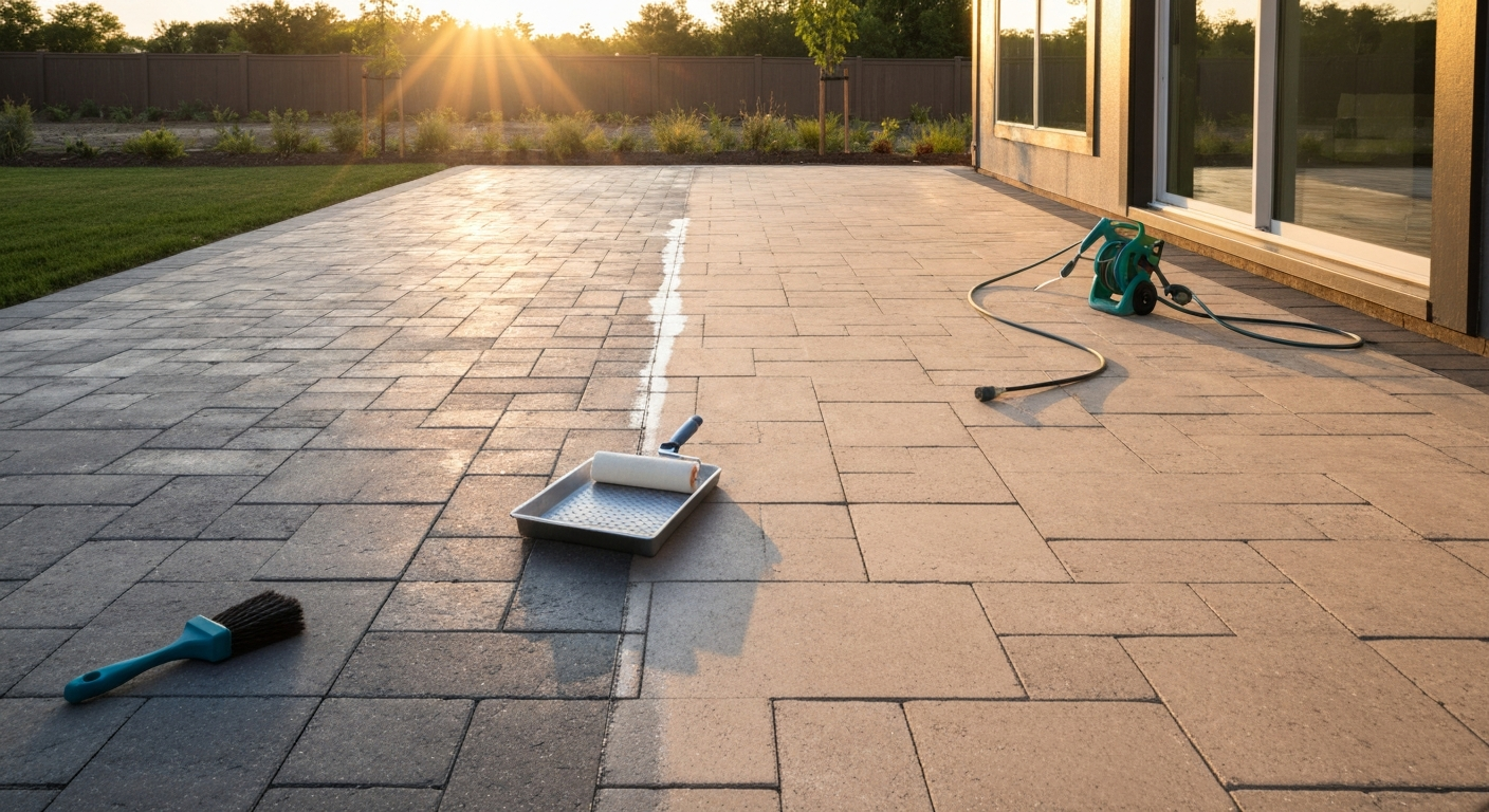 Modern backyard patio showing wet-look sealed pavers beside uncoated pavers with application tools nearby.