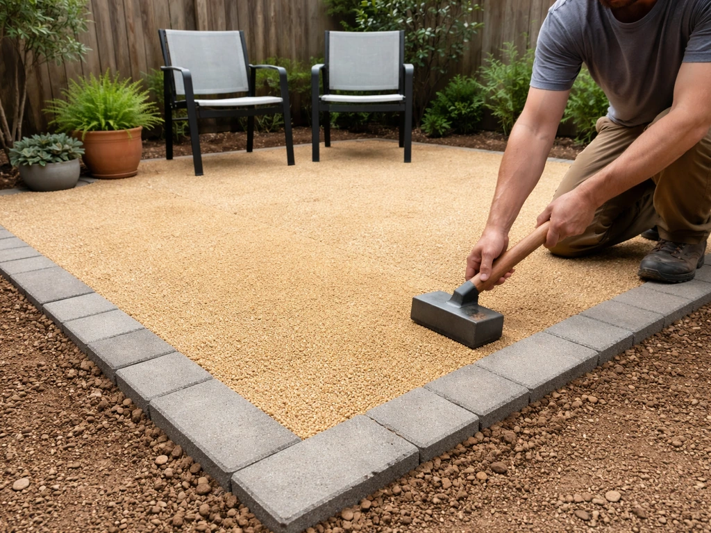Kneeling DIY worker hand-tamping a fresh decomposed-granite patio with simple paver edging.