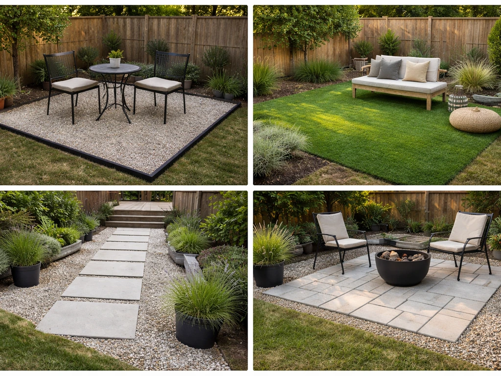 Collage of four minimal backyard patio alternatives: gravel dining, turf lounging, paver entry path, and tile patio.