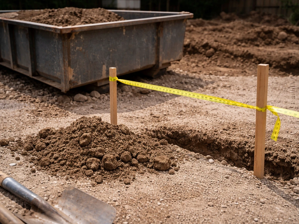 Jobsite close-up with excavated soil, a rented dumpster, and marked stakes for excavation depth.