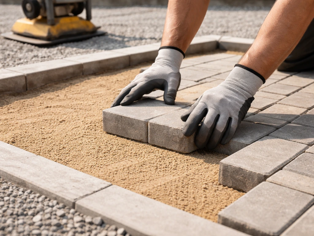 Gloved hands place interlocking patio pavers over bedding sand as a plate compactor sits nearby.