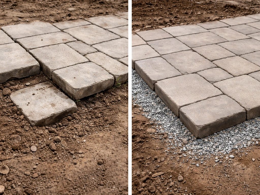 Close view of pavers failing where laid on bare soil, next to a properly excavated, compacted base.