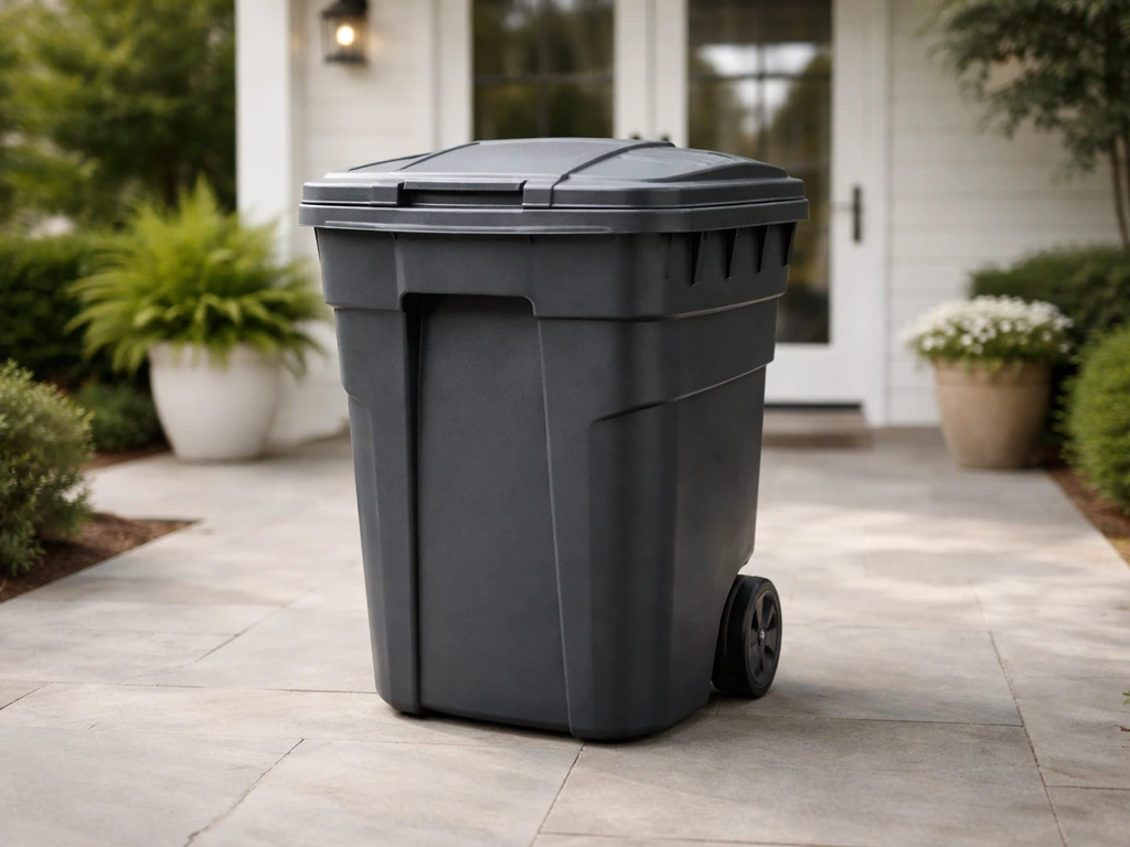 Weather-ready patio trash can on an outdoor porch with minimal background and clean, value-like look.