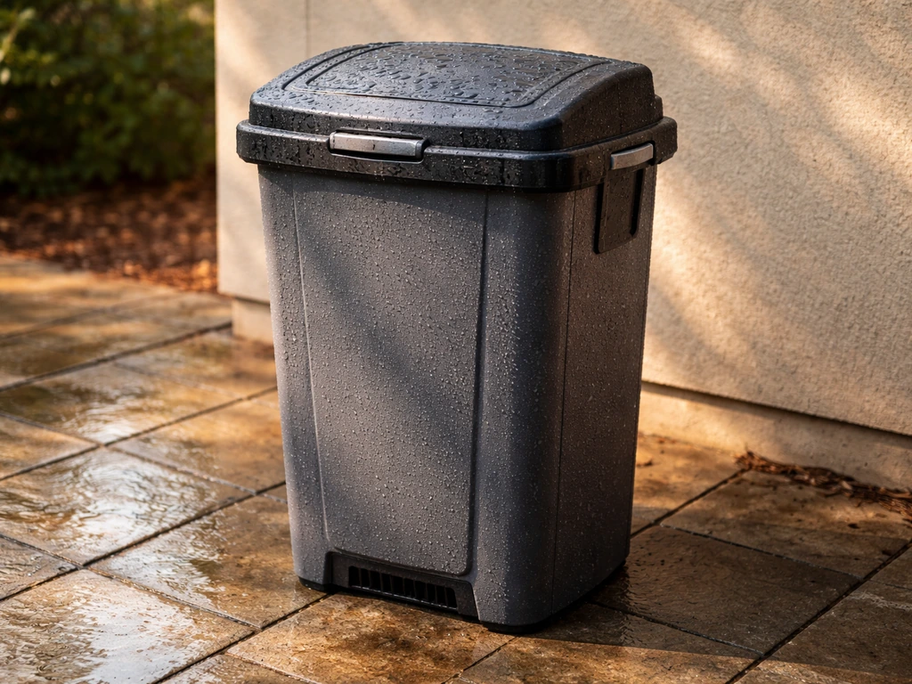 Patio trash can outdoors in rain and sun, showing UV plastic and powder-coated metal materials.