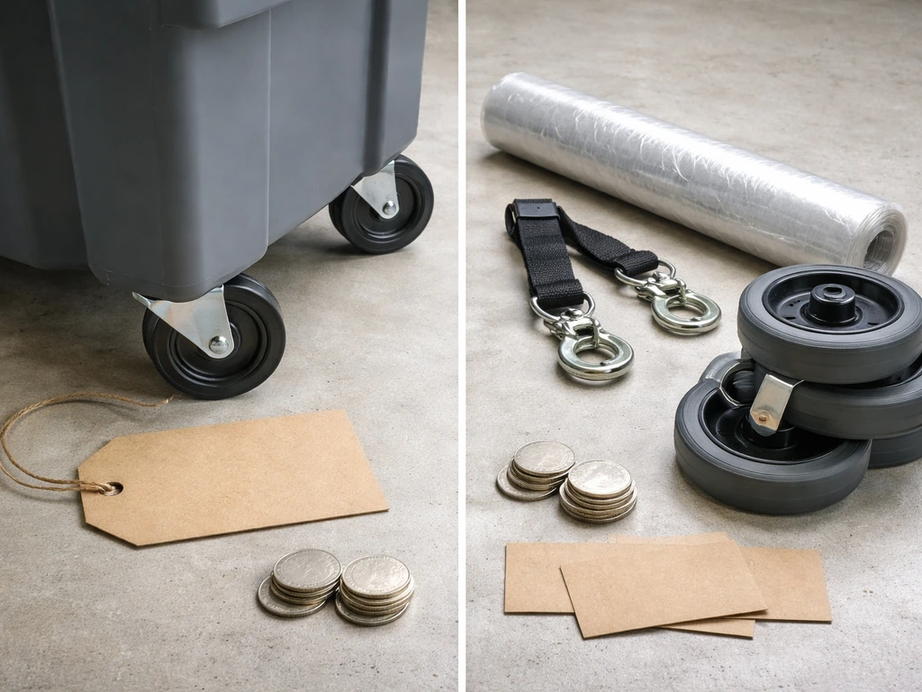 Close-up of a rolling plastic storage bin with a blank price tag and a few unbranded accessory items grouped for added c