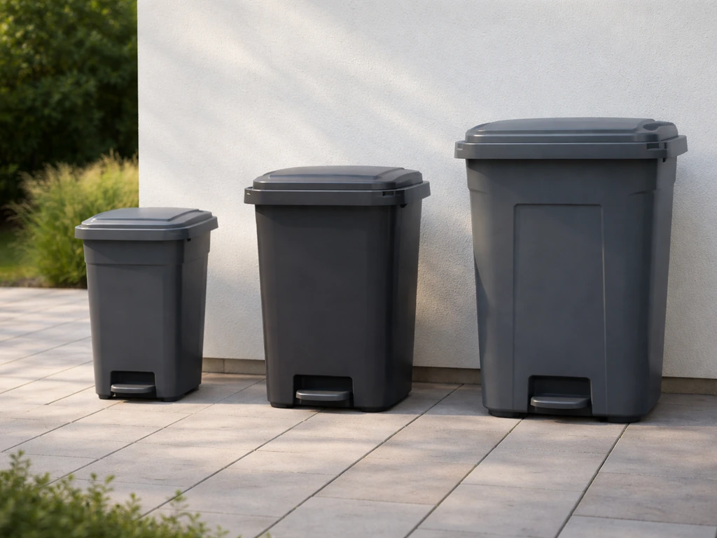 Three patio trash bins of different sizes lined up on a clean walkway, showing small, mid, and large capacity.