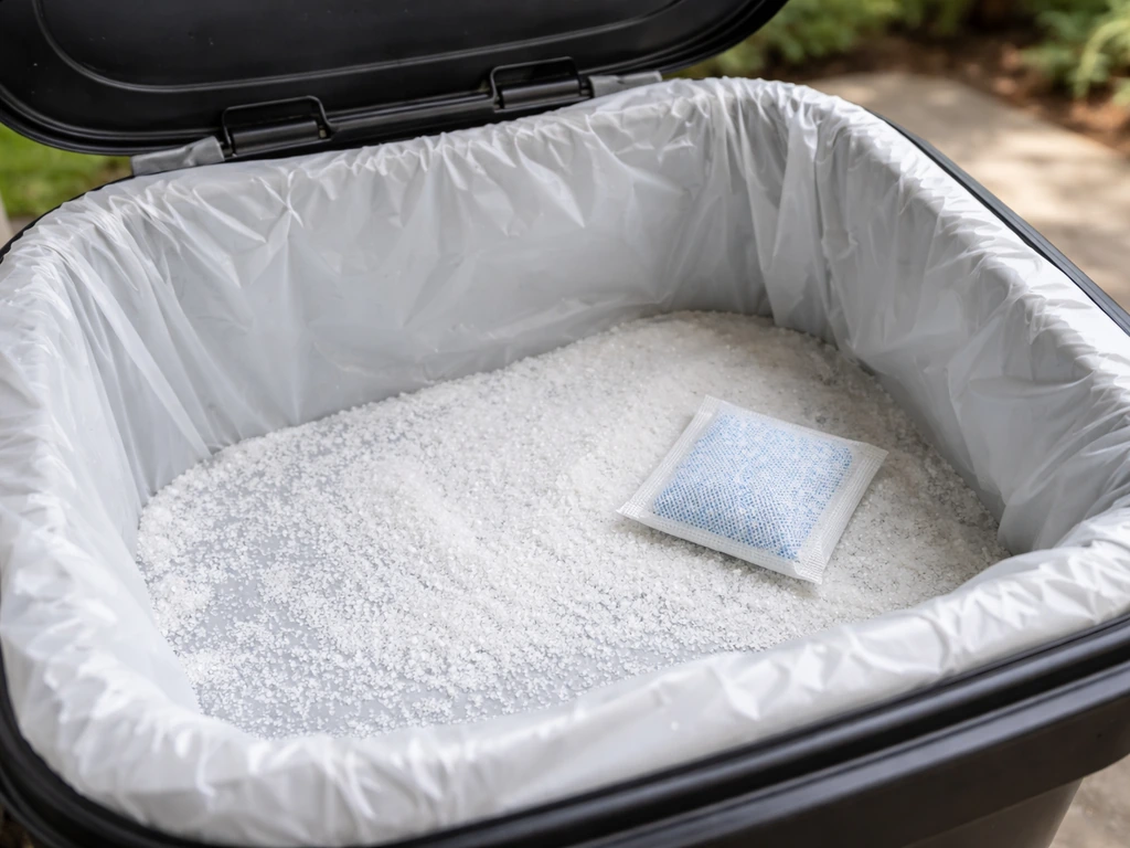 Close-up of patio trash can liner with a thin baking soda layer and a small odor-control tab