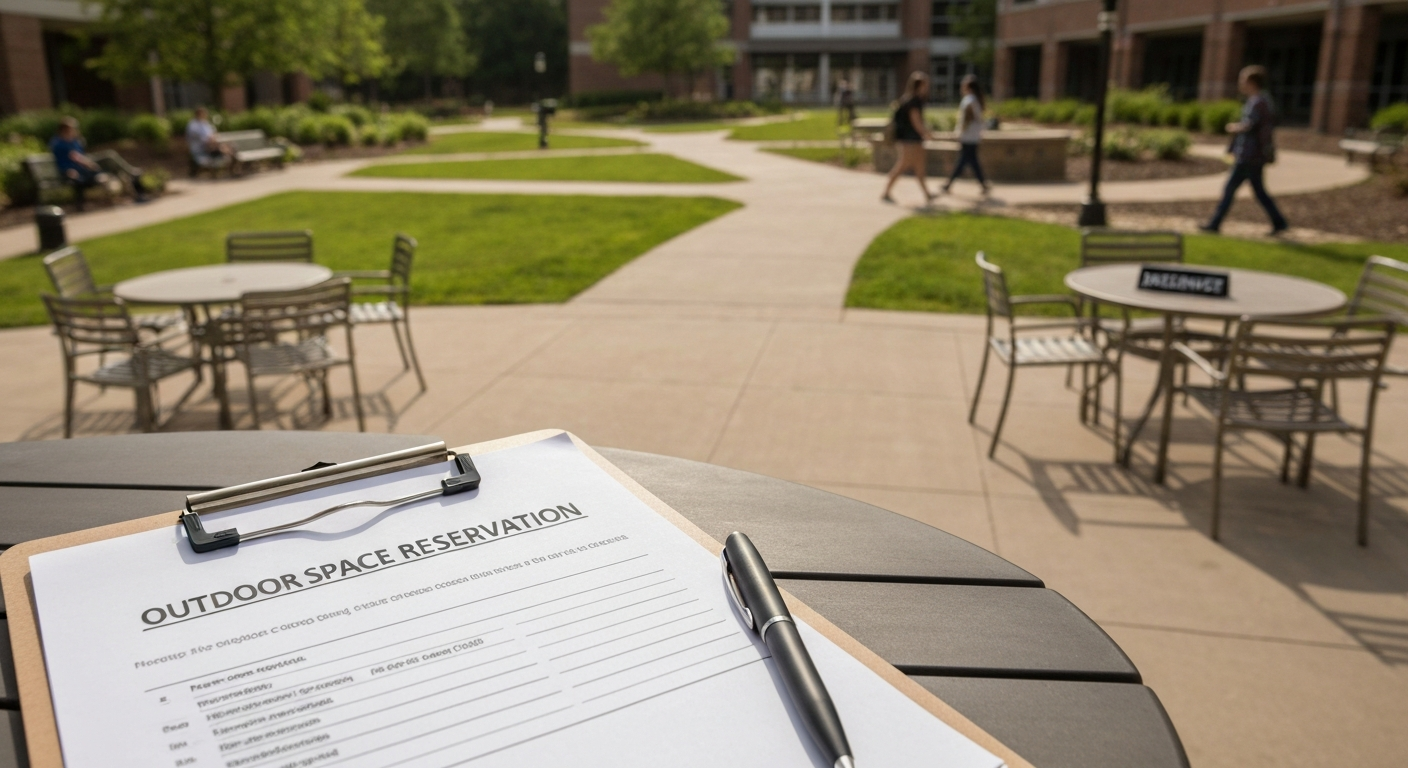 University patio with clipboard reservation form in foreground and tables with a Reserved sign in the background.