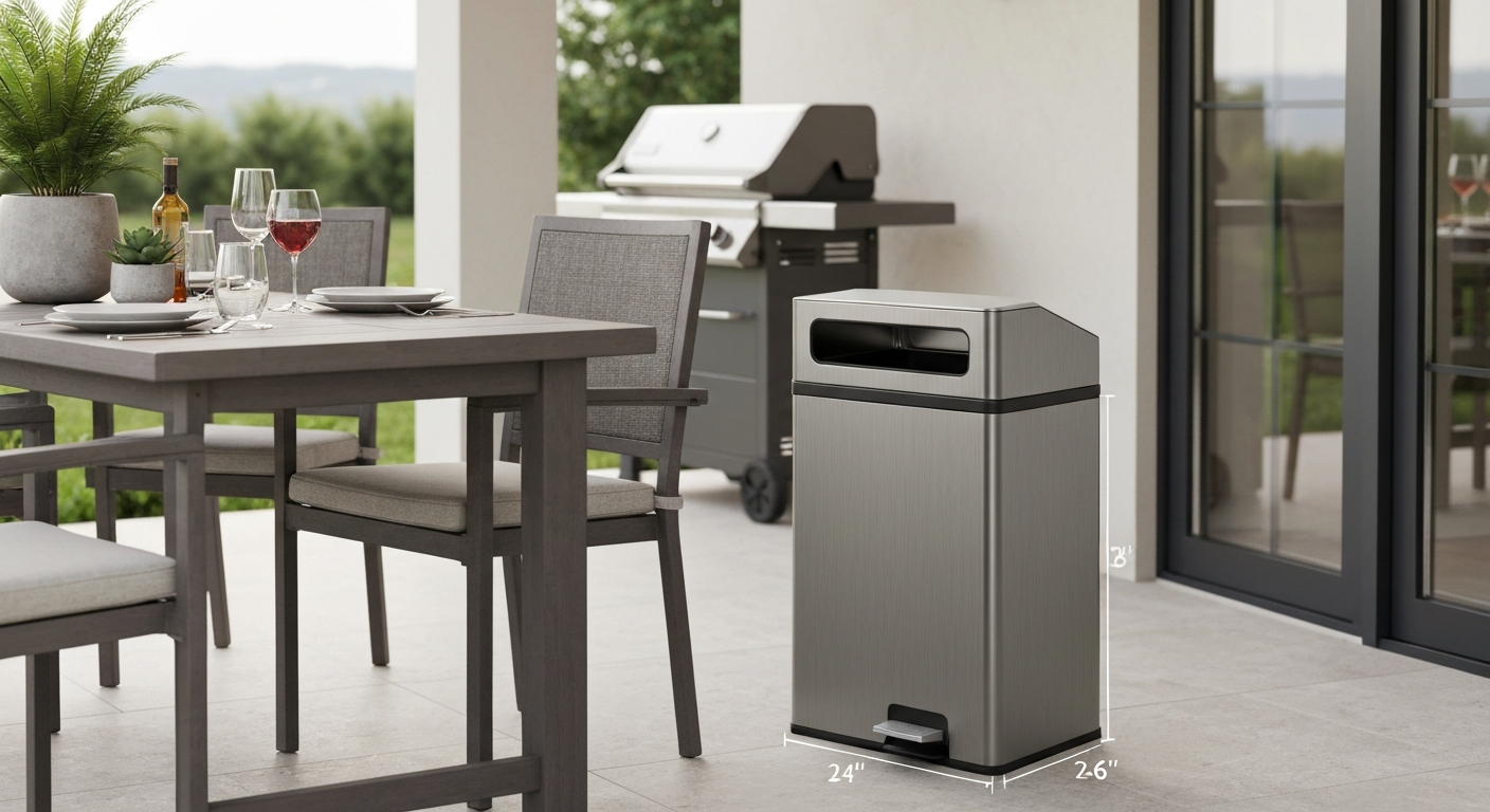 13-gallon rectangular patio trash can (approx. 25 inches tall) beside a dining table on a covered patio.