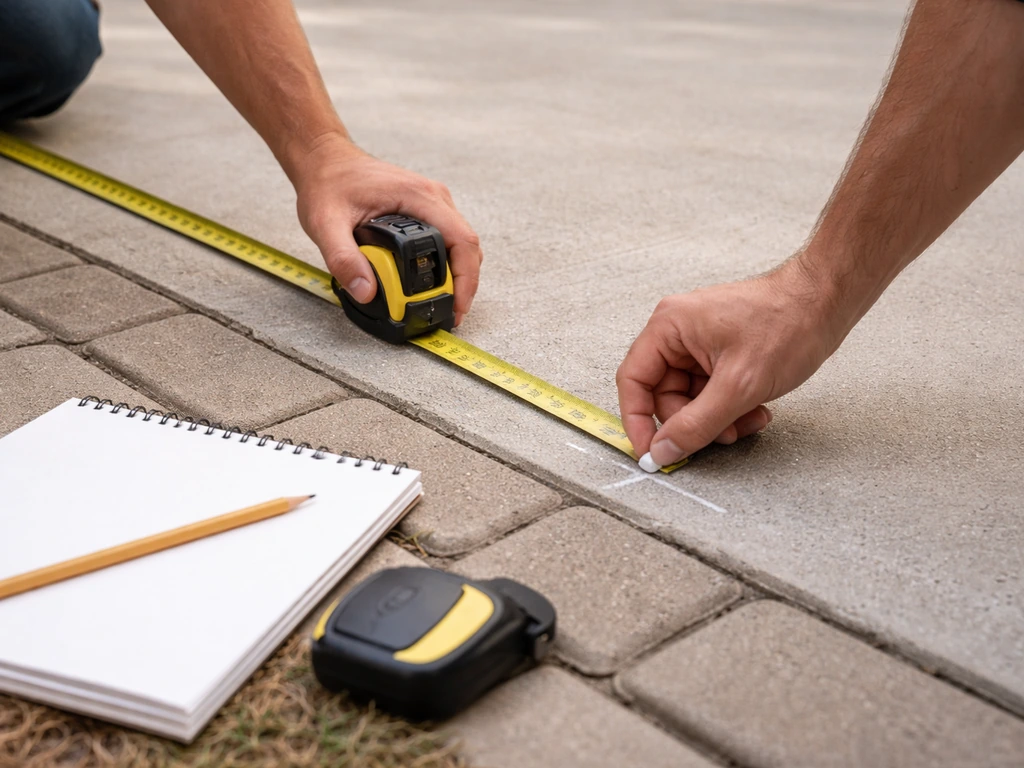 Hands using a tape measure on a patio edge with chalk marks and a blank sketchpad nearby.