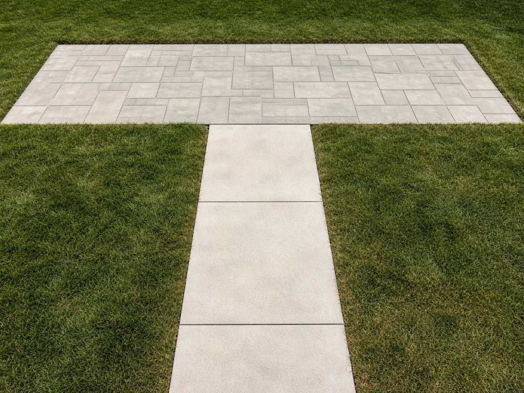 Top-down view of an L-shaped patio made of stone pavers with two distinct paving zones.