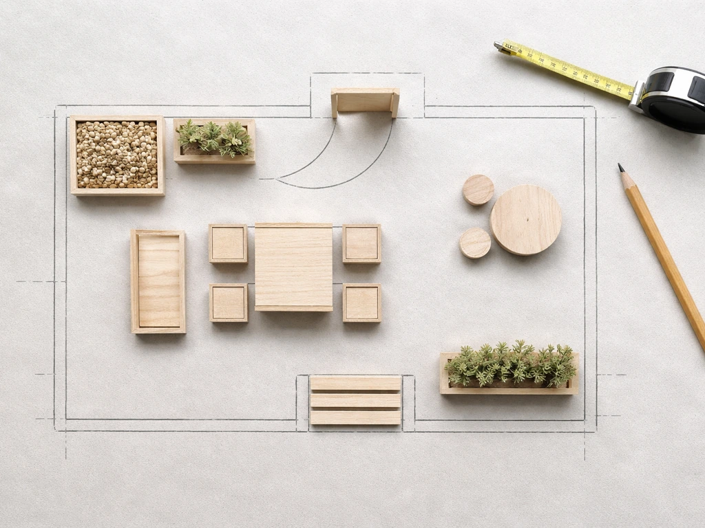 Top-down patio plan showing scaled steps and a doorway swing arc on a tabletop.