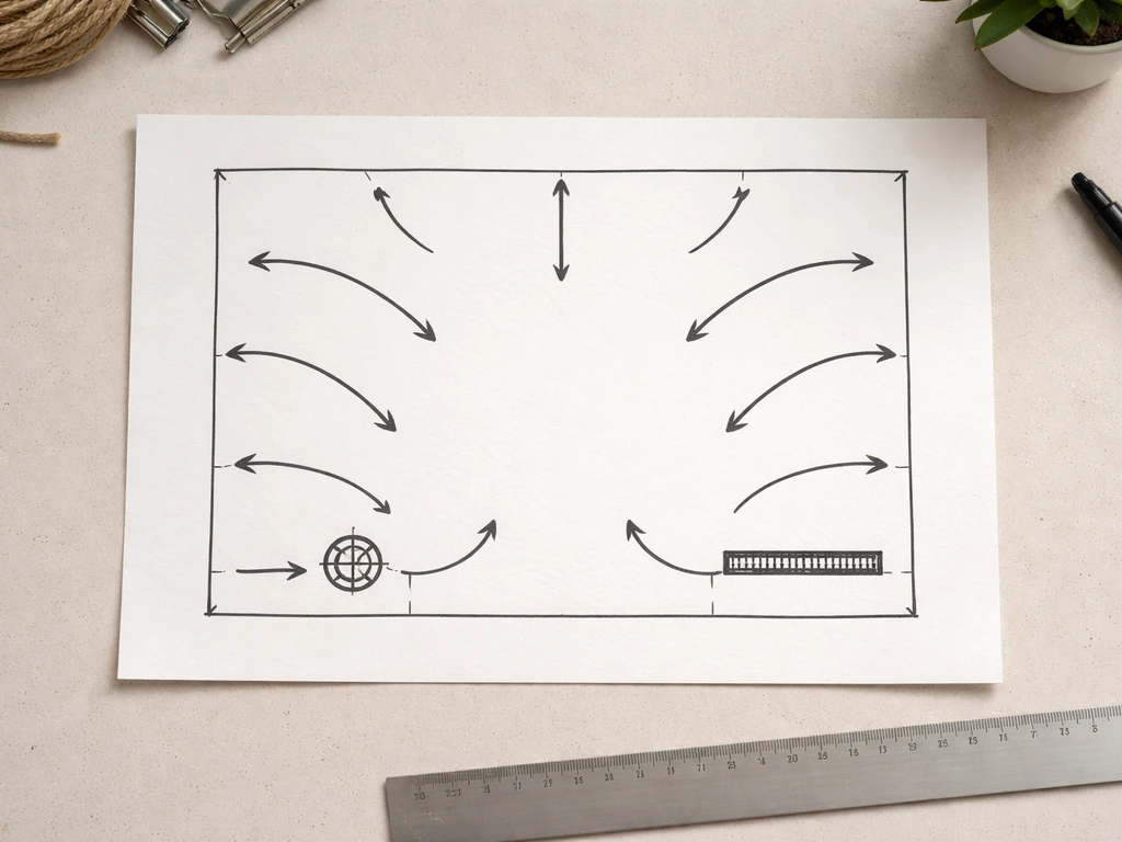 Top-down view of a simple patio plan with hand-drawn water-flow arrows and drain symbols.