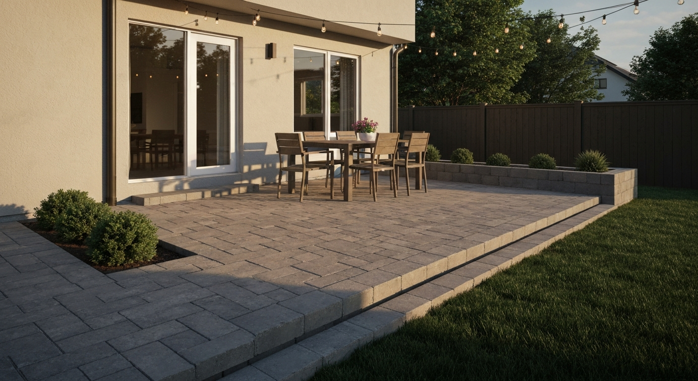 Photorealistic mid-size backyard patio with concrete pavers, seating area, planters, and warm string lights.