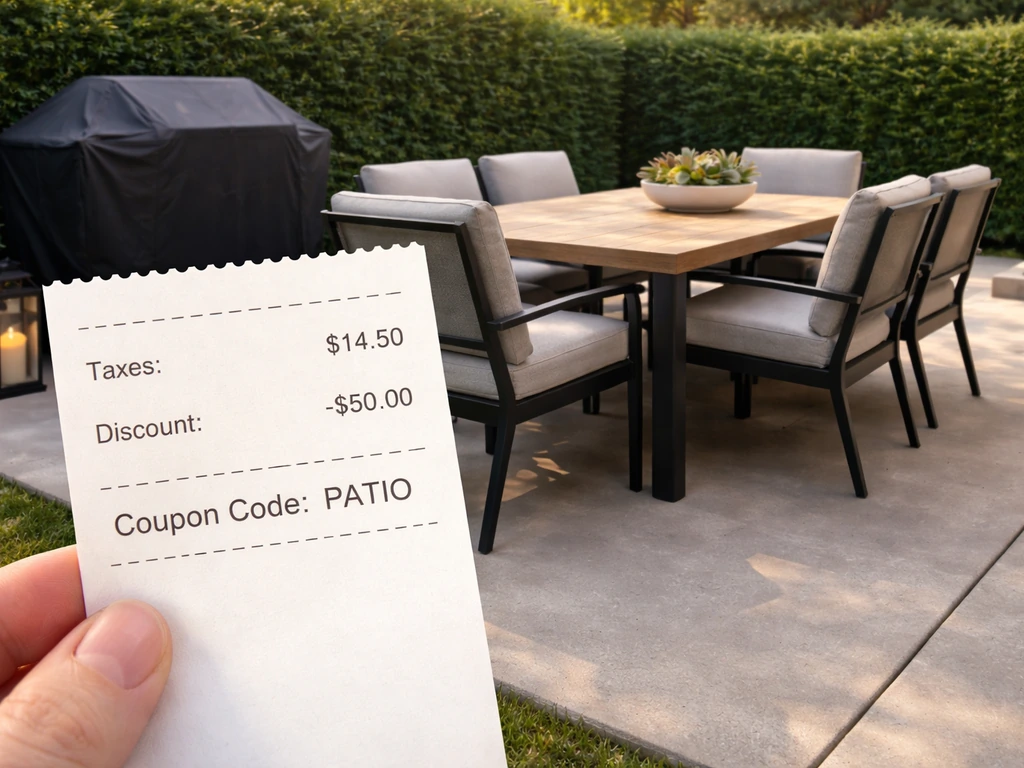 Modern patio furniture with grill and lighting, plus a receipt-style discount overlay suggesting a coupon code.