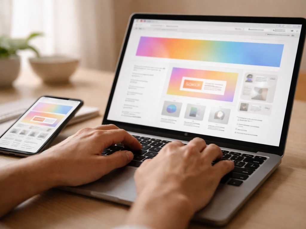 Close-up of a laptop and phone showing a Patio Products-style product page with a promo banner area