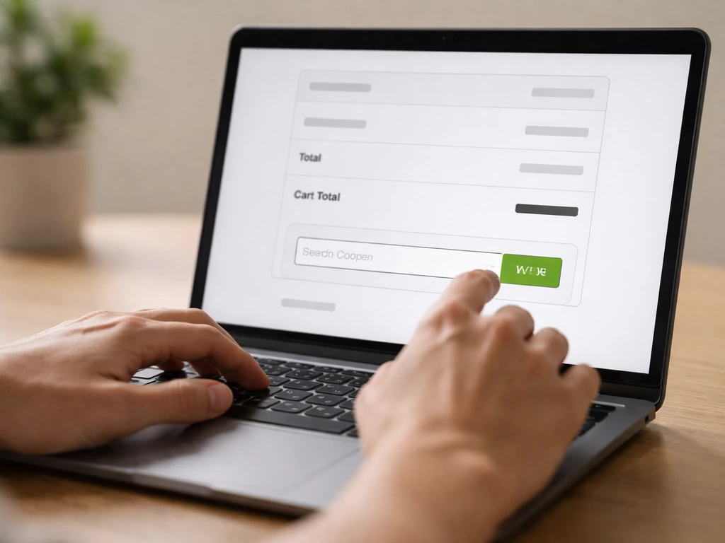 Hands entering a coupon code on a laptop checkout page with a lower discounted total shown.