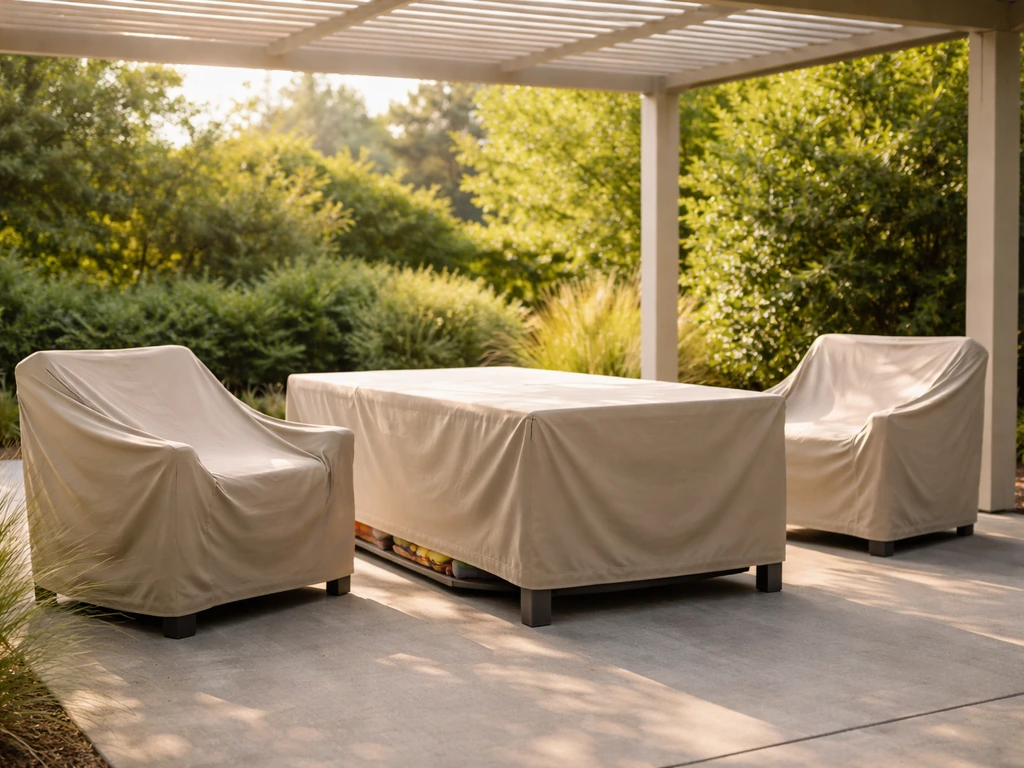 Sunlit patio with outdoor furniture protected by weatherproof covers, warm shadows and blurred greenery.