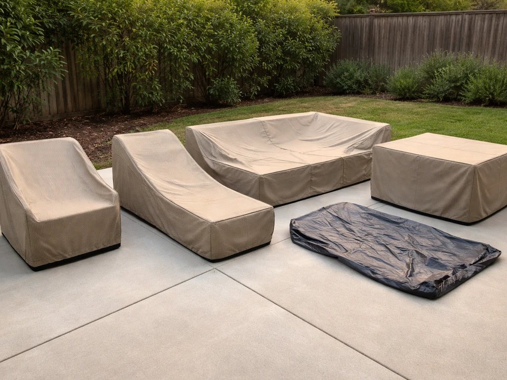 Outdoor patio furniture covers and tarps laid out side-by-side on a clean patio