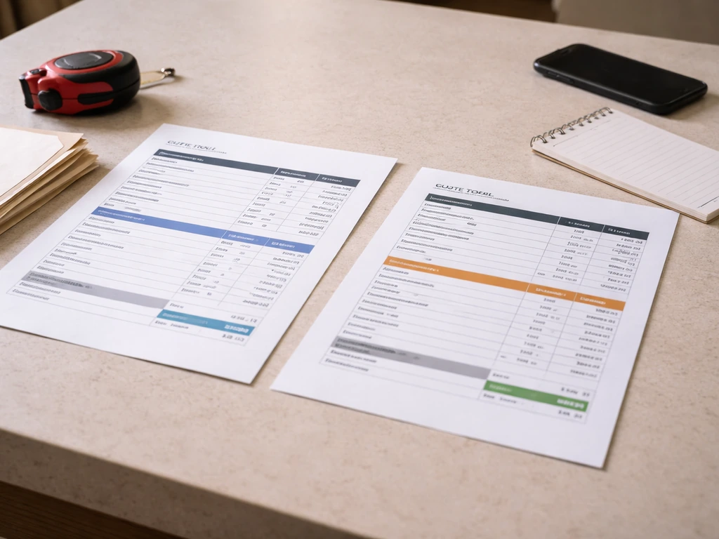 Two quote documents side-by-side on a table with warranty sleeves and tools, showing scope differences.