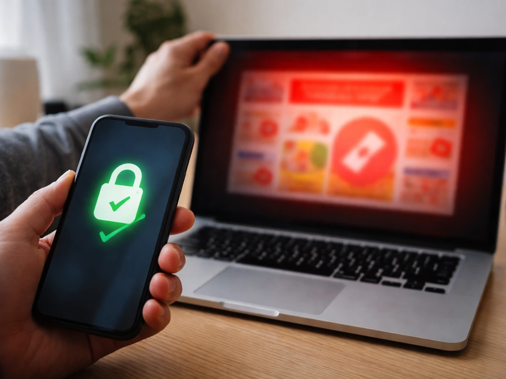 Hand comparing a secure website lock icon on a phone with an obviously suspicious coupon page on a laptop.