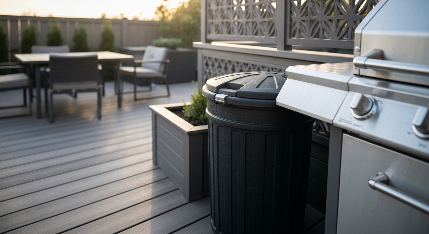 Patio scene with a dark resin latching-lid trash can beside a grill on a deck (lidded, textured finish)