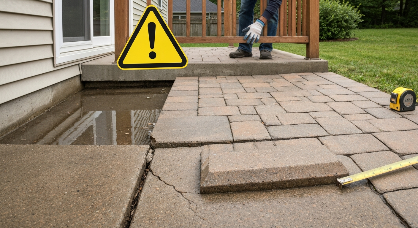 Residential patio with multiple warning signs: cracked slab with offset, wobbly railing being pushed by a gloved hand, standing water near foundation, and a raised paver, with a semi-transparent yellow warning icon above the scene.