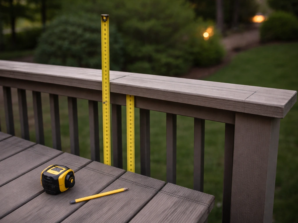 Tape measure and pencil outline on a residential deck railing showing planned bar-height layout.