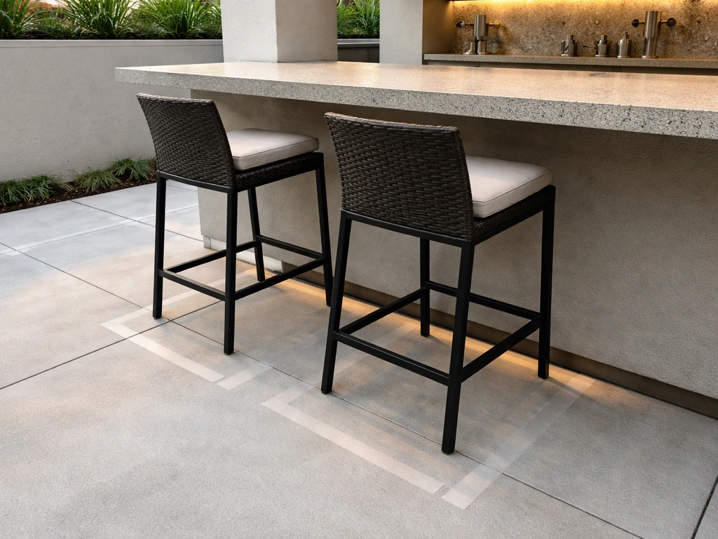 Side view of an outdoor bar top with stools and visible overhang clearance space marked on the ground.