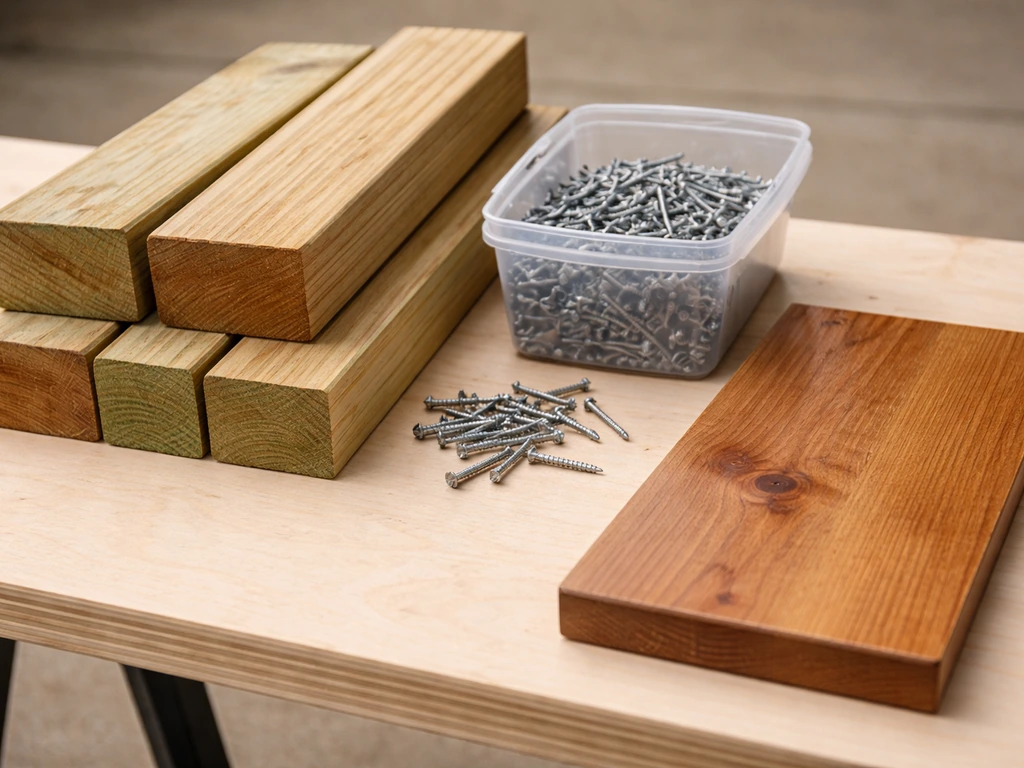 Cut pressure-treated lumber, exterior screws, and a sealed wood tabletop sample on a workbench.