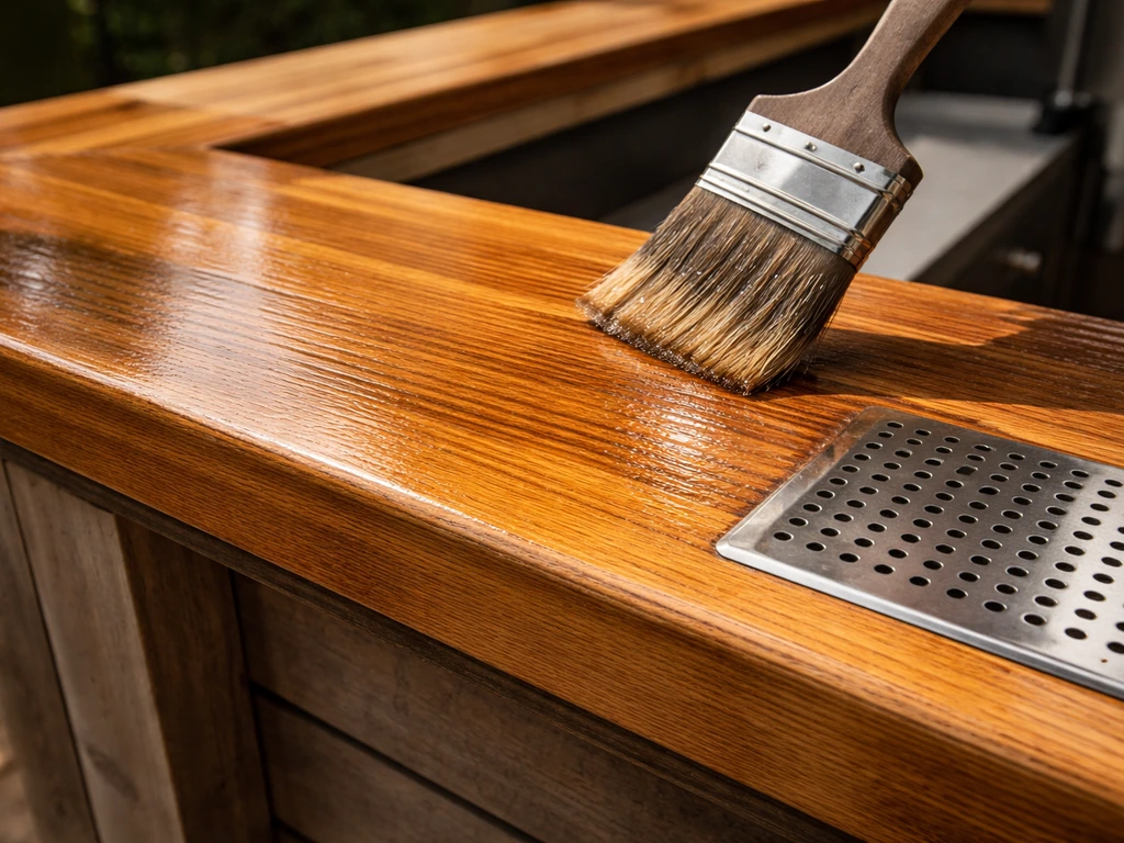 Brushed exterior sealant/stain being applied to a finished outdoor wood bar top with a drip tray