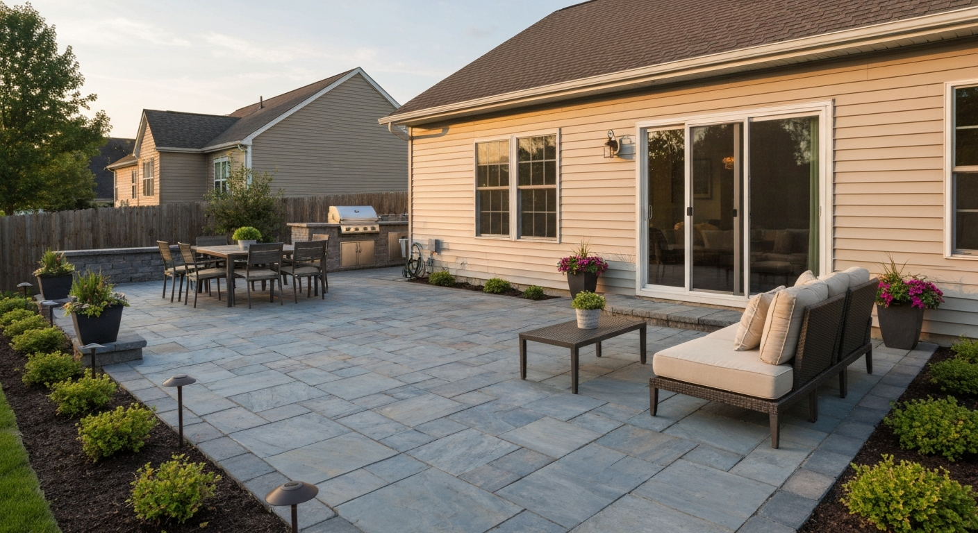 Photorealistic wide-angle patio at golden hour showing dining, lounge, and grill zones with bluestone and concrete paver surfaces, integrated lighting, and planting bed.