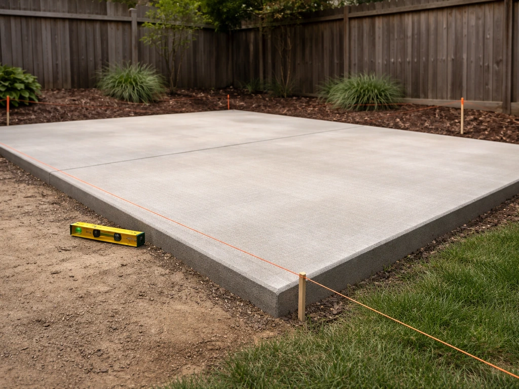 Backyard concrete patio showing a clear slope from high to low with string and a level for drainage.
