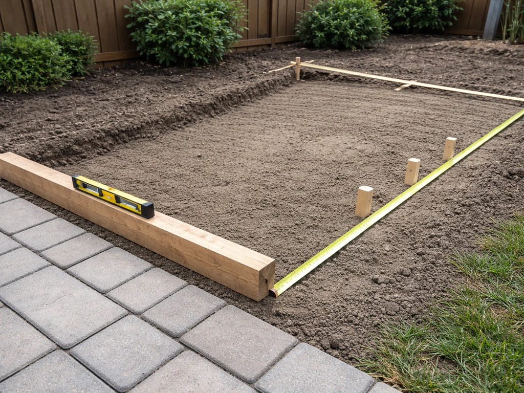 Outdoor patio ground with measuring tape and straightedge showing gentle rise/run for slope percentages.