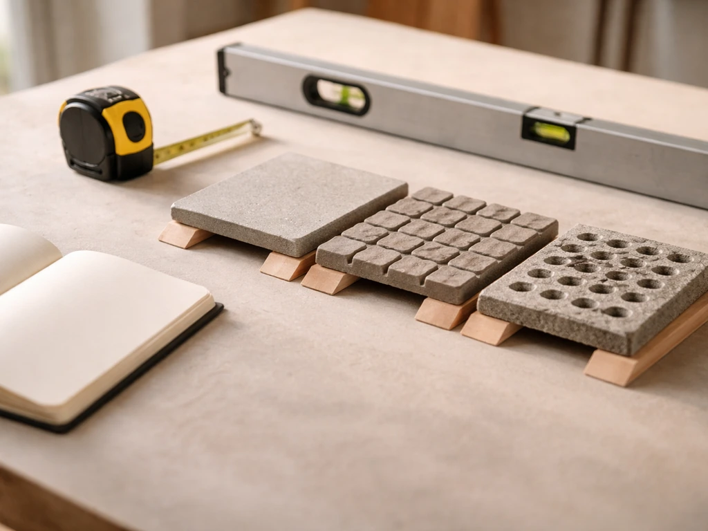 Minimal workbench with patio material samples and drainage tools, implying slope targets without any text.