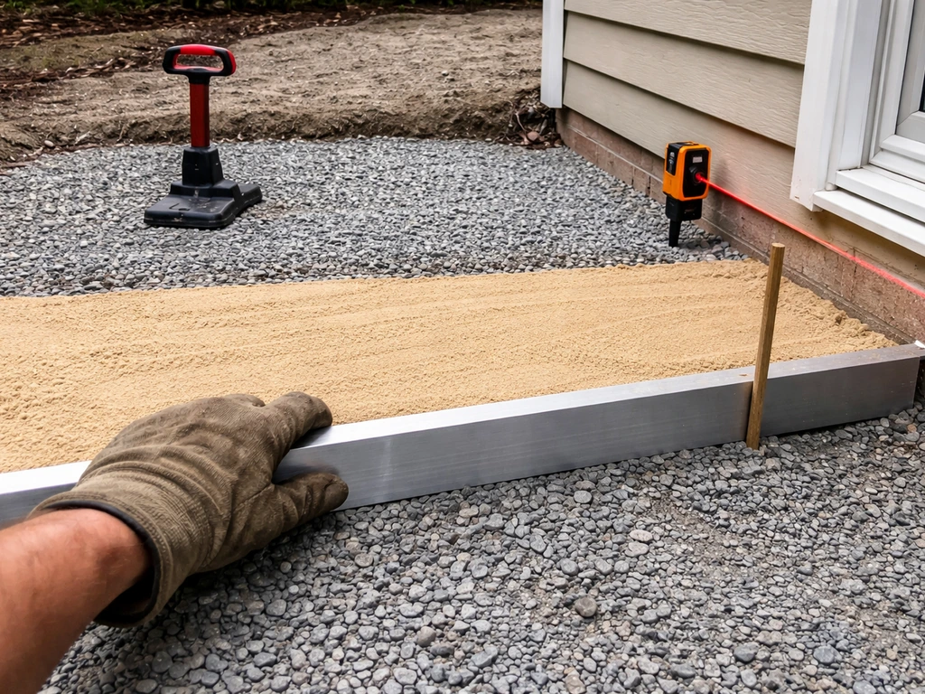 Worker’s hand and tools showing graded base layer of compacted gravel and bedding sand near a house edge.