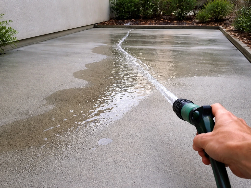 Garden hose water flows across an outdoor patio toward a low edge/drain, showing wet pooling areas.