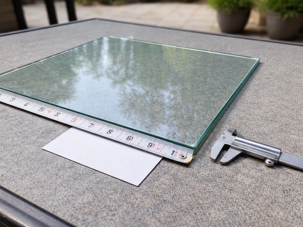 Clear glass patio top on a table with tape measure and caliper showing length/width and thickness.