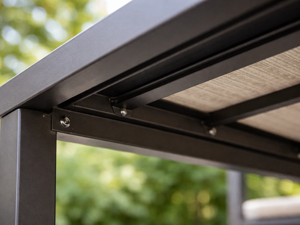 Underside of a patio dining table showing a recessed channel where the glass sits, close-up.