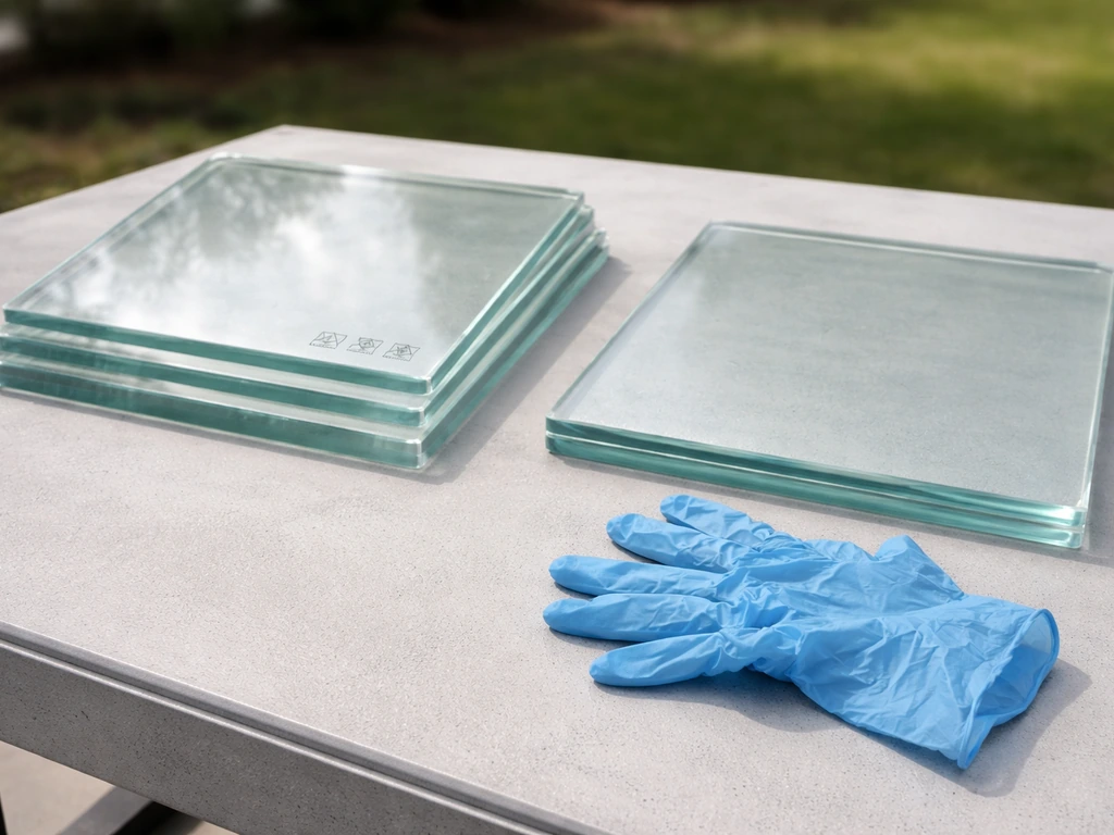 Stacked clear patio table replacement glass panels with gloves, emphasizing tempered safety