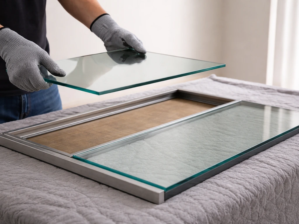 Gloved hands lifting an old tempered glass tabletop while a helper stands by, new glass ready to install.