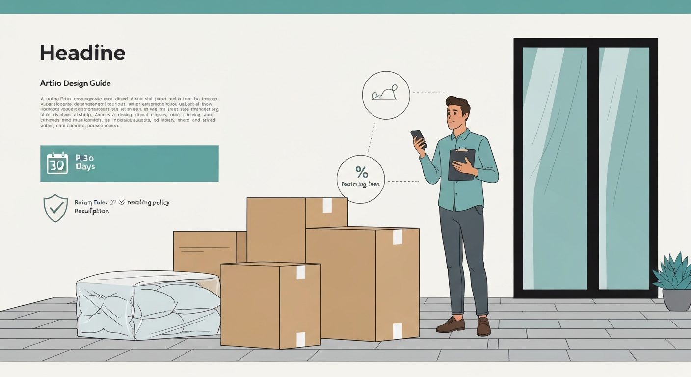 Homeowner on a patio next to boxed outdoor furniture holding a phone and clipboard, with icons for 30-day returns and restocking fees.