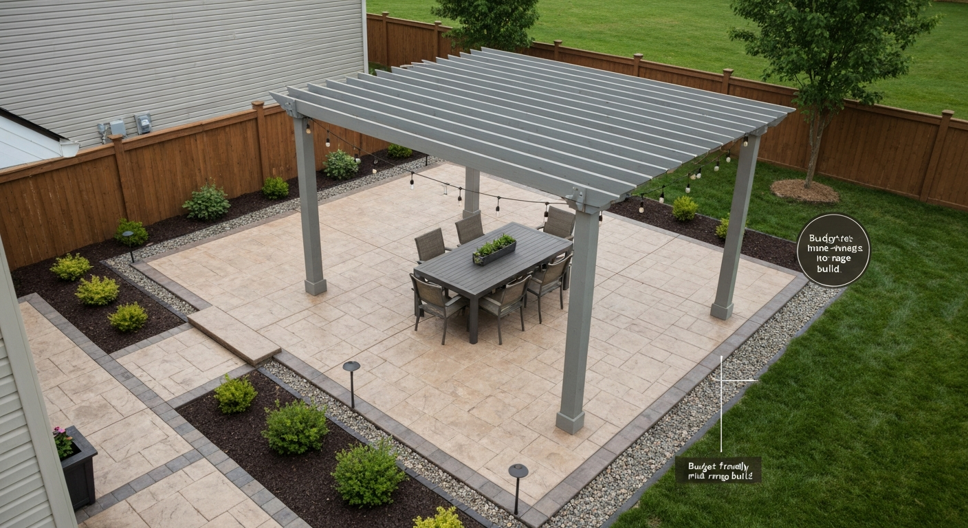 Photorealistic daytime view of a 16x20 ft stamped-concrete patio with a small pergola, dining set, string lights, and planted border, labeled with approximate dimensions.