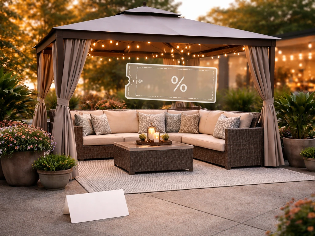 Outdoor patio set and gazebo package with subtle coupon-style graphic cues suggesting a discount code.