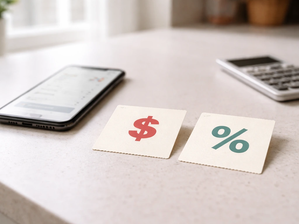 Two coupon-style cards on a kitchen counter beside a phone showing a cart total, comparing $10 off vs 10% off.