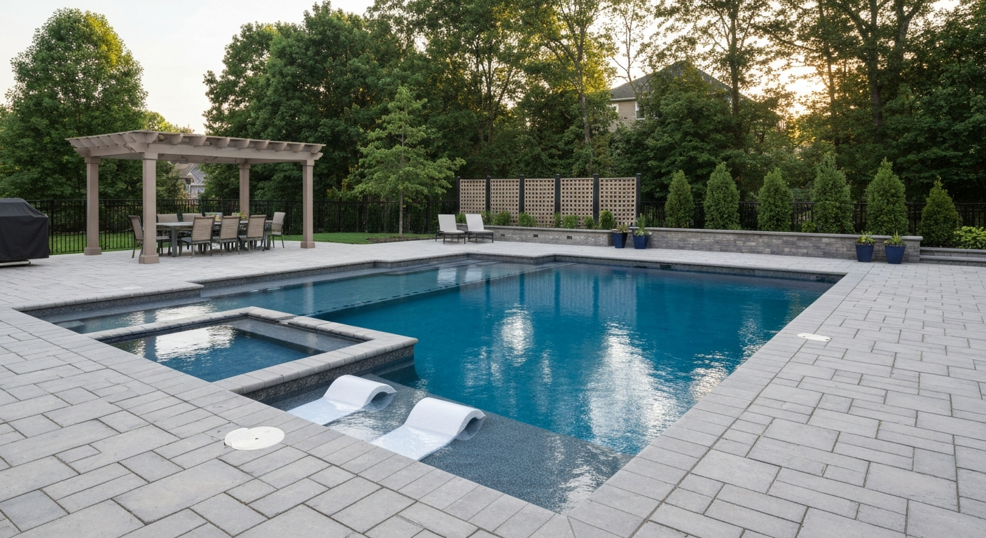 Wide-angle photorealistic backyard with a modern pool, sun shelf, large-format porcelain paver patio, pergola dining area, and landscaped plantings.