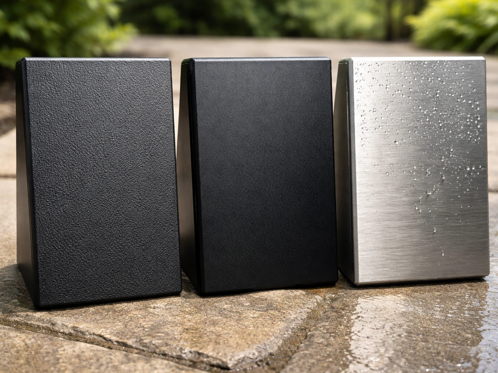 Close-up of three outdoor trash-can material finishes showing resin matte, powder-coated sheen, and brushed metal.