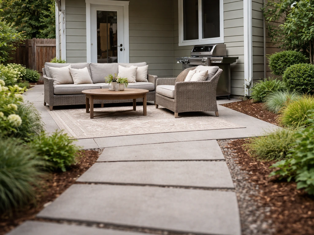 Minimal backyard patio showing a grill 5–10 feet from the back door with a clear side service path.