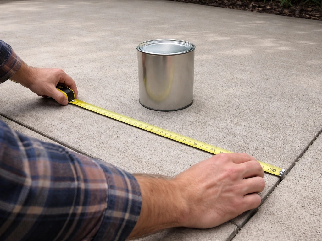 Hands measure a patio spot with a tape while a can sits in place to check lid clearance.