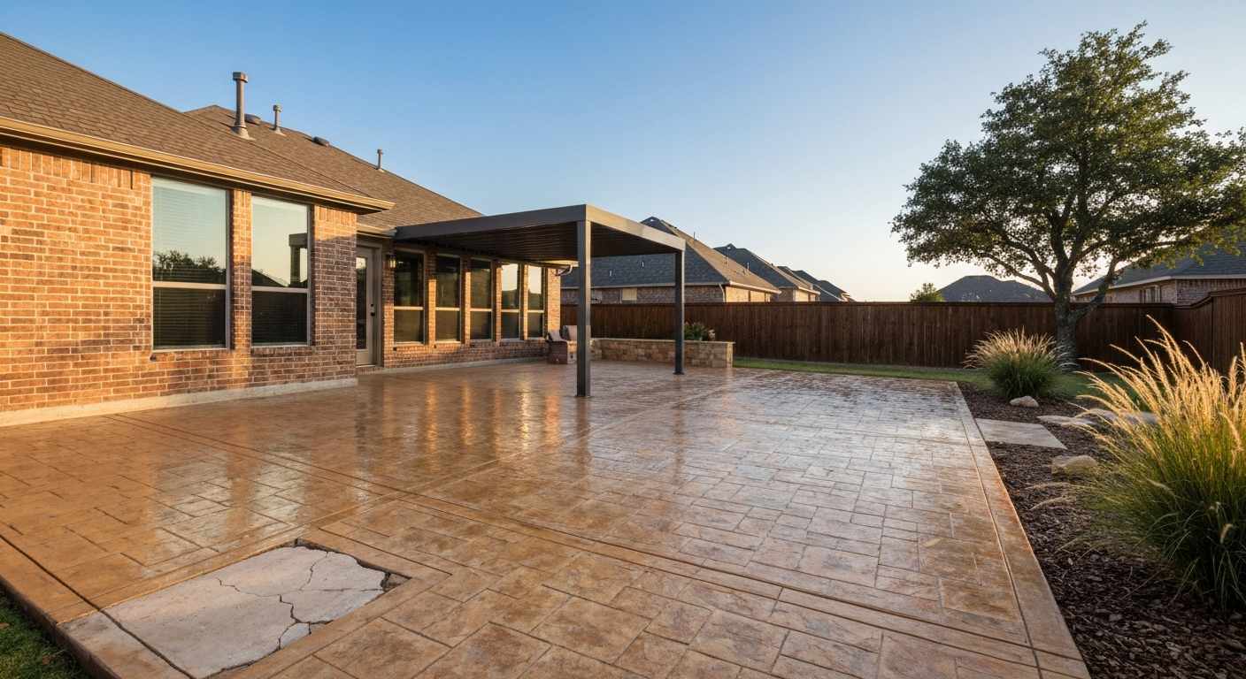 Freshly resurfaced stamped concrete patio in a Fort Worth backyard with a small visible area of original cracked slab in the foreground